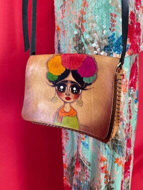 Vintage Hand Painted Frida Kahlo Inspired Leather Crossbody Bag
